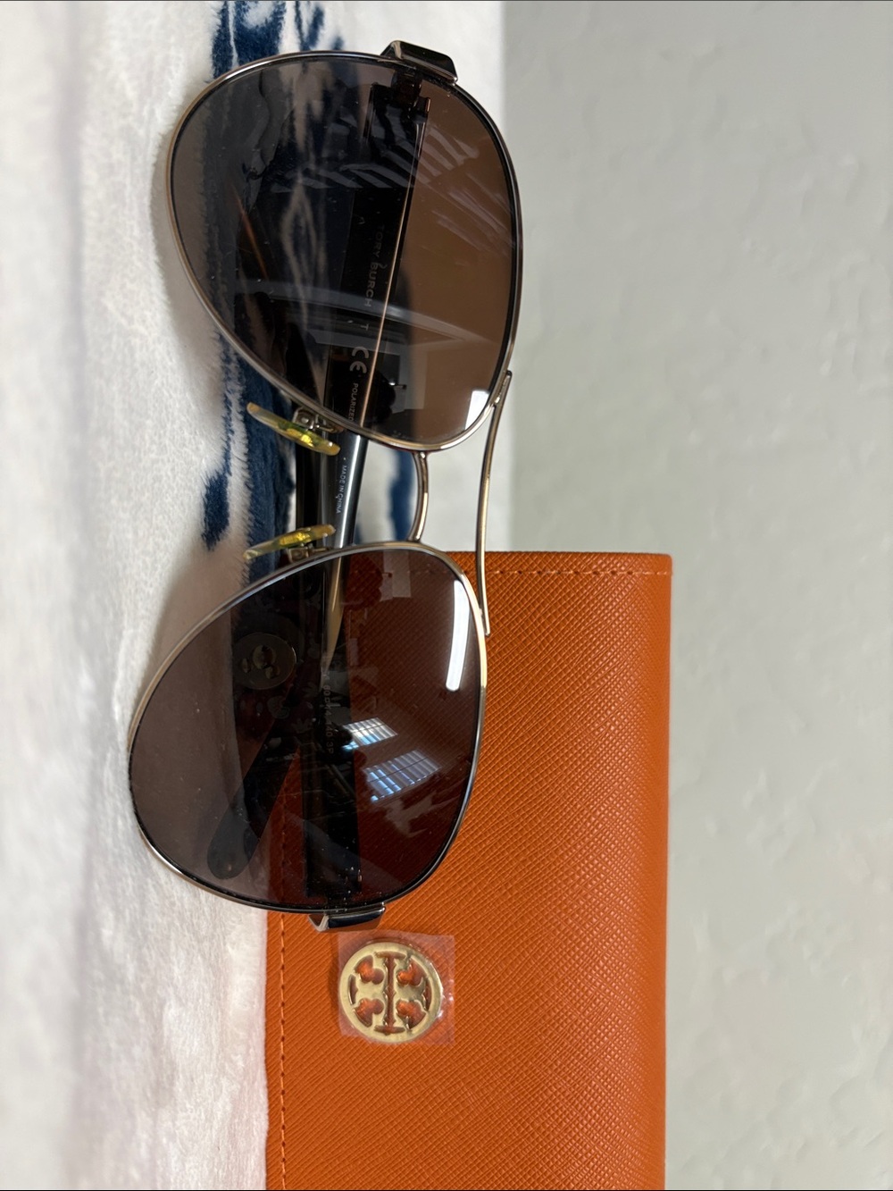 Tory Burch Silver Frame Sunglasses with Brown Lenses and Orange Case